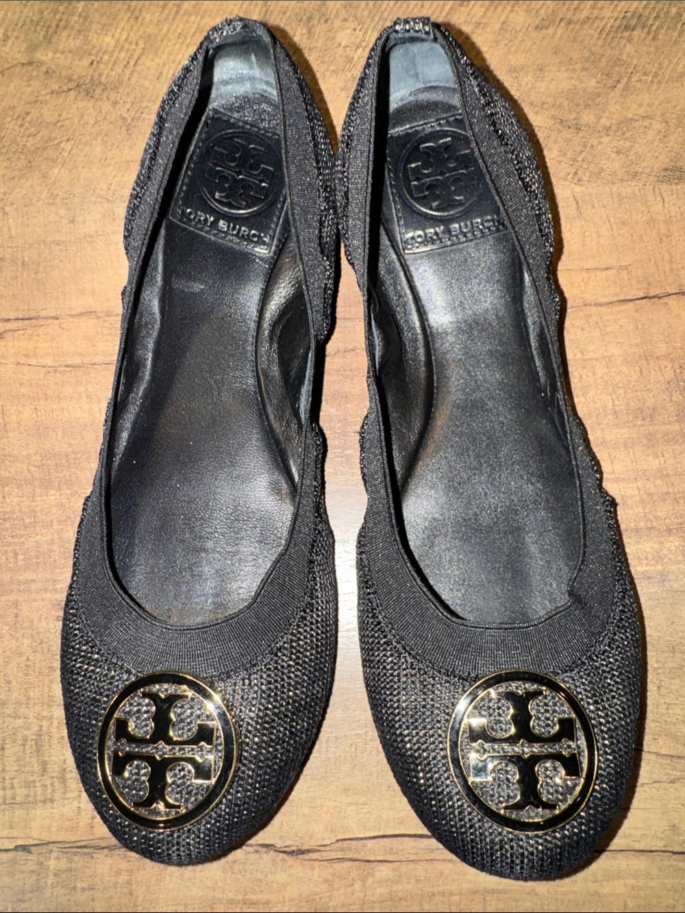 Tory Burch Minnie Travel Ballet Flats Black Shimmer Logo Women’s 8M